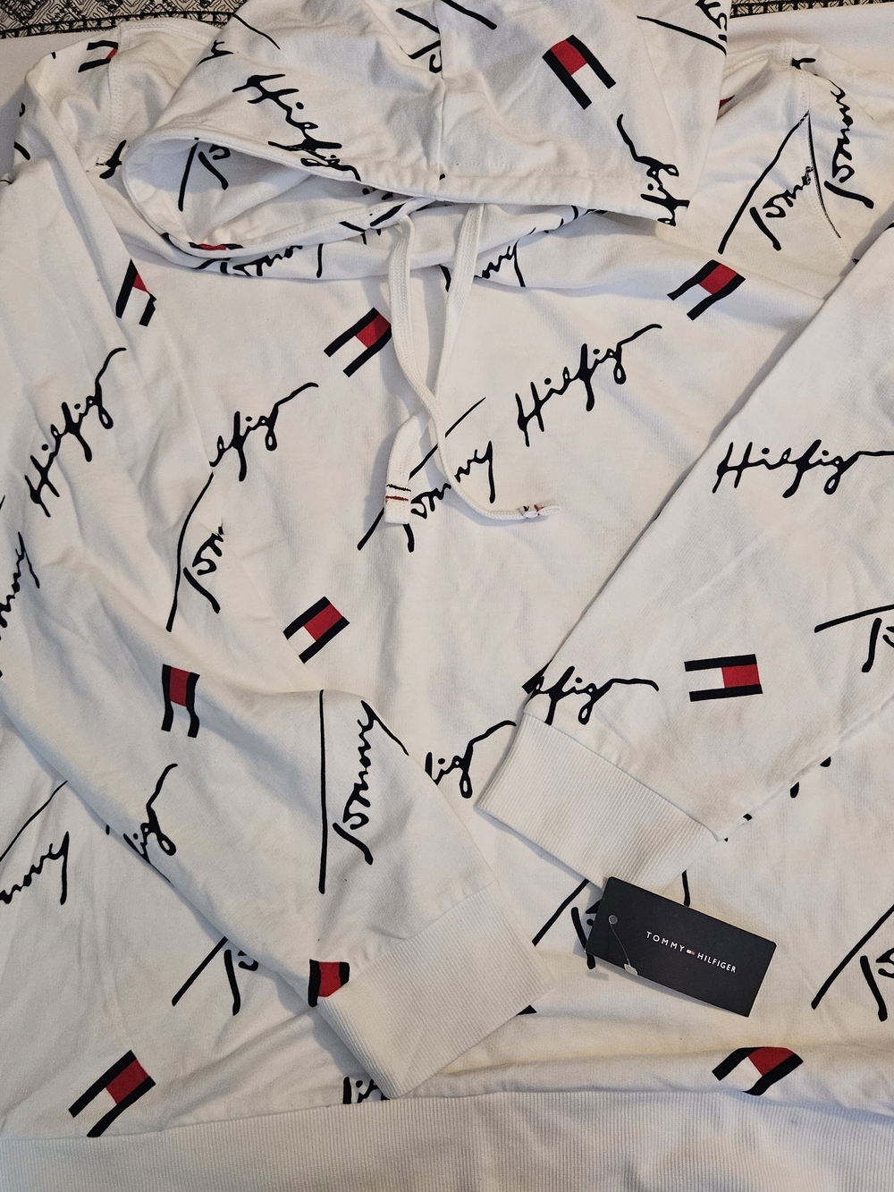 Tommy Hilfiger White Hoodie with Allover Script & Flag Print